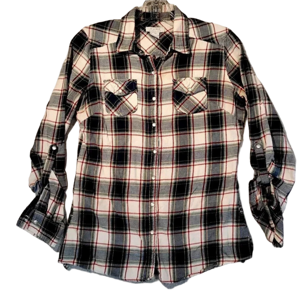 Alfred Sung Pure Blue/White Plaid Lg Sleeve Western Pearl Snap Shirt Size Small